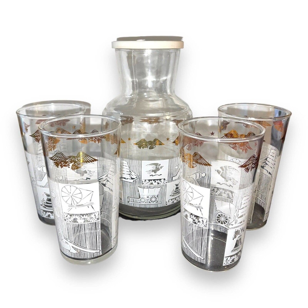 Anchor Hocking Juice Carafe & 4 Glasses Colonial Americana Patriotic Eagle MCM